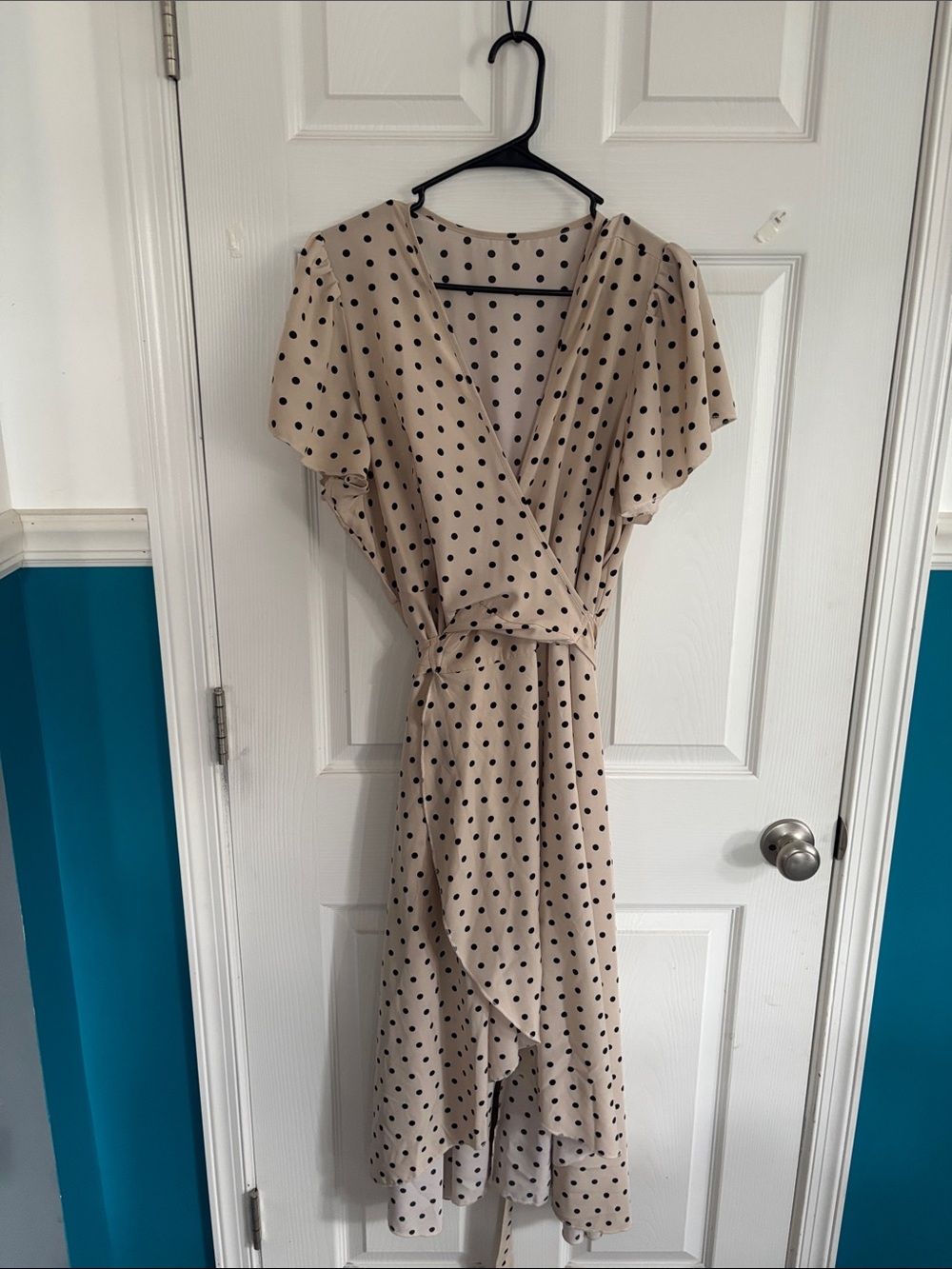 Polka Dot Beige Wrap Midi Dress with Tie Waist